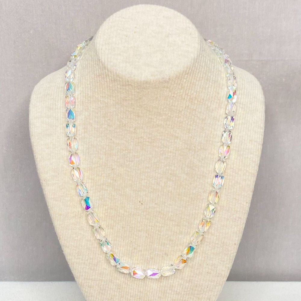 💎Princess Necklace Clear Aurora Borealis Faceted Rectangular Beads Slide Clasp
